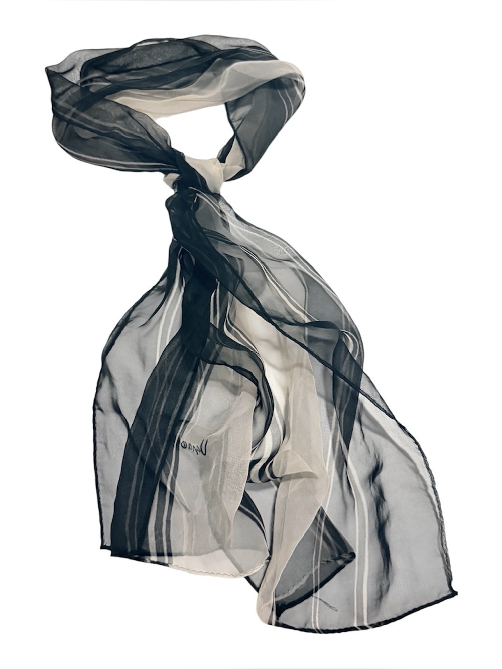 Vintage Vera Neumann Sheer Scarf in Black and White, Oblong 52” Head Scarf
